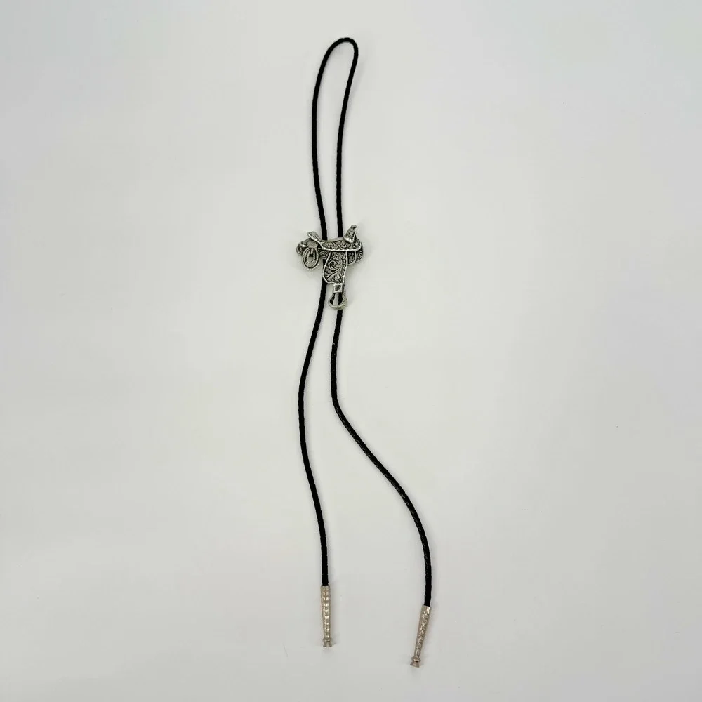 Lebow Western Saddle Bolo‎ Tie Silver Tone Mens Black Braided Cord Tips Cowboy